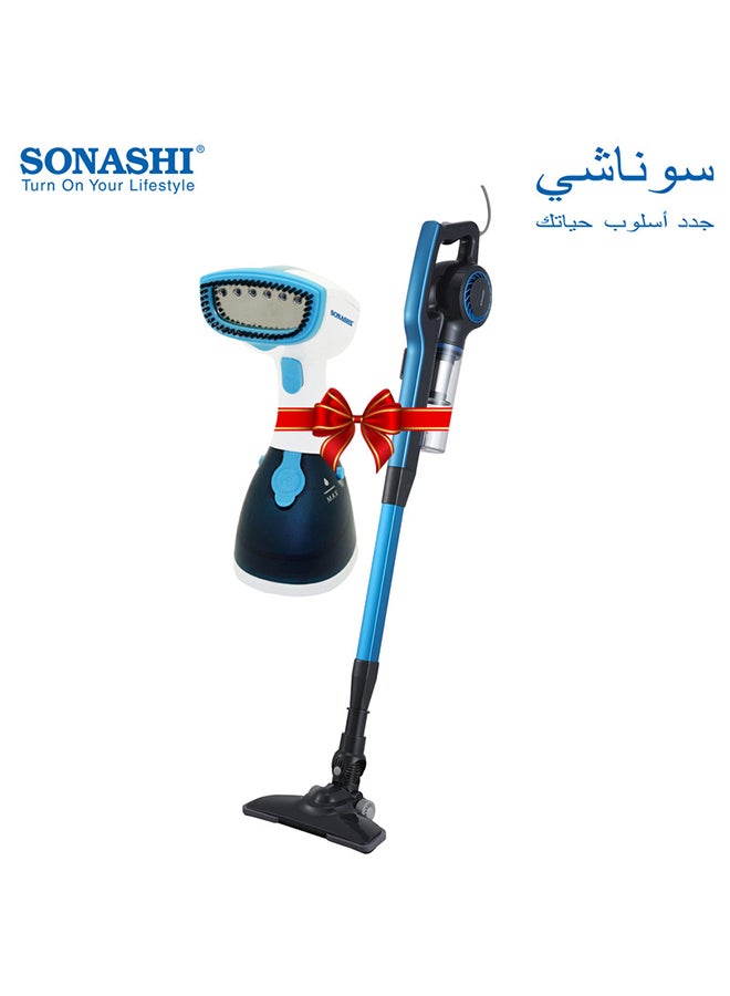 2-In-1 Portable Handheld Upright Stick Vacuum Cleaner With Portable Handheld Garment Steamer Bundle 1100 W SGS-315 + SVC-9032 Blue 