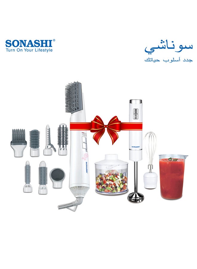 SONASHI - 4-In-1 Hand Blender Set With Chopper And Whisk With 7-In-1 Electric Hair Styler & Dryer Brush Bundle SHB-185JCW + SHS-3034 White - Image 1