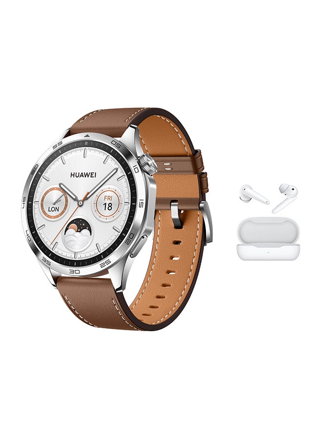 HUAWEI WATCH GT 4 46mm Smart Watch, 14 Days Battery Life, Science-based Calorie Management, Dual-Band Five-System GNSS Position, Heart Rate Monitor, Android & iOS + White FreeBuds SE - Brown - Image 1