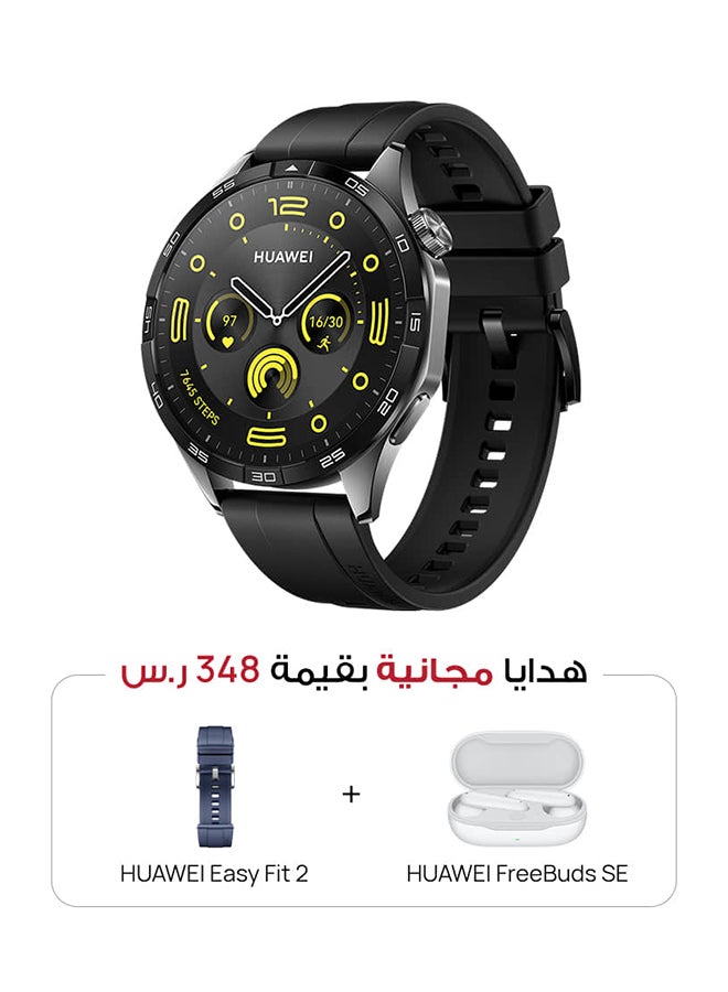 HUAWEI WATCH GT 4 46mm Smart Watch, 14 Days Battery Life, Science-based Calorie Management, Dual-Band Five-System GNSS Position, Heart Rate Monitor, Android & iOS + FreeBuds SE White + Blue Strap - Black - Image 1