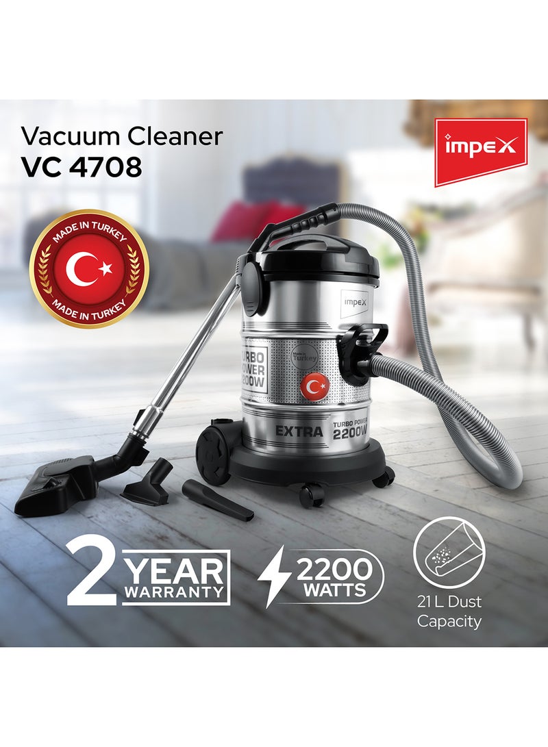 PowerPro Vacuum Cleaner VC 4708-2200W | Ultra-Capacity 21L | Advanced Accessories | High Performance And Low Noise | Strong Metal Body | Convenient Handle 21 L 2200 W VC 4708 Black/Silver - pnsku/N53436394A/45/_/1717664898/0b120e15-47c1-4051-b60d-d7673b8524d2