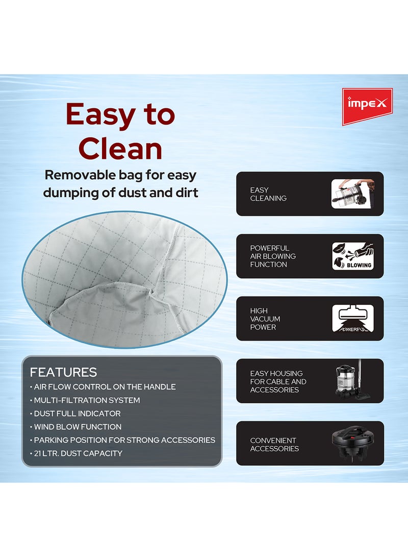 Impex - PowerPro Vacuum Cleaner VC 4708-2200W | Ultra-Capacity 21L | Advanced Accessories | High Performance And Low Noise | Strong Metal Body | Convenient Handle 21 L 2200 W VC 4708 Black/Silver - Image 1