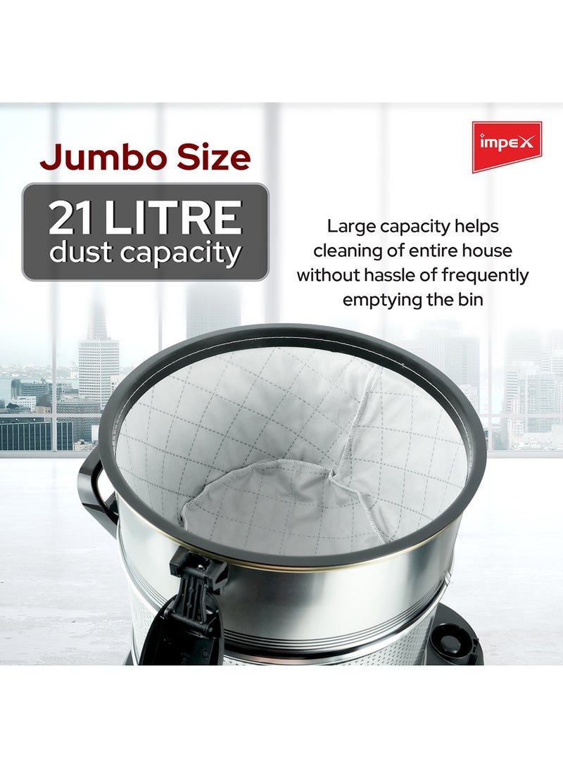Impex - PowerPro Vacuum Cleaner VC 4708-2200W | Ultra-Capacity 21L | Advanced Accessories | High Performance And Low Noise | Strong Metal Body | Convenient Handle 21 L 2200 W VC 4708 Black/Silver - Image 1
