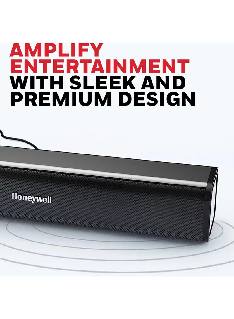 Honeywell Moxie V500 10W Portable USB Wired Soundbar, Speaker for PC, Desktop and Laptop with Volume Control and 3.5 mm AUX, 2.0 Channel, 52mmX2 Drivers, Plug &Play, 2 Yrs. Warranty, Gloss Finish HC000255/AUD/SB/V500/BLK - Image 3