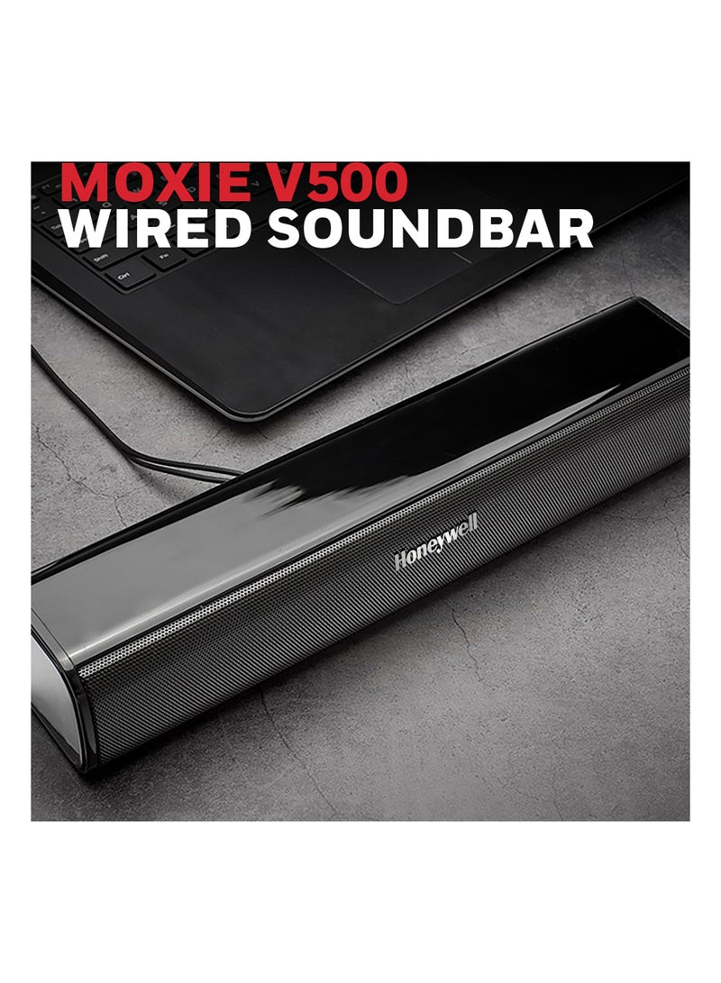 Honeywell Moxie V500 10W Portable USB Wired Soundbar, Speaker for PC, Desktop and Laptop with Volume Control and 3.5 mm AUX, 2.0 Channel, 52mmX2 Drivers, Plug &Play, 2 Yrs. Warranty, Gloss Finish HC000255/AUD/SB/V500/BLK - Image 2
