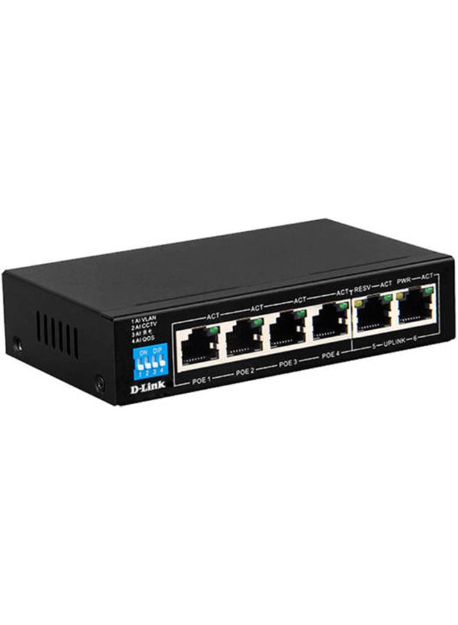 D-Link - DES-F1006P-E 6-Port PoE Switch, 10/100 Mbps, 250m Max Distance, QoS, 4x Fast ETH Ports, 2x Uplink | DES-F1006P-E Black - Image 1
