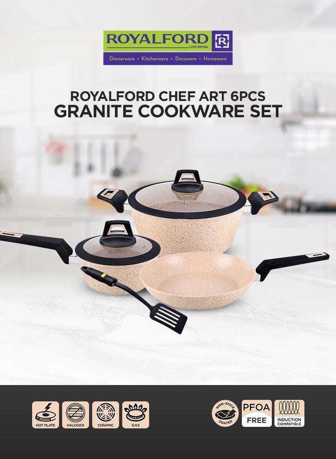 Royalford - 6-Piece Chef Art Granite Coated Cookware Set With Tempered Glass Lids Beige 26x11cm - Image 1
