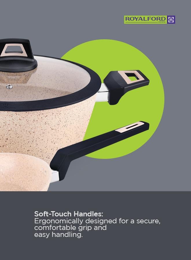 Royalford - 6-Piece Chef Art Granite Coated Cookware Set With Tempered Glass Lids Beige 26x11cm - Image 1