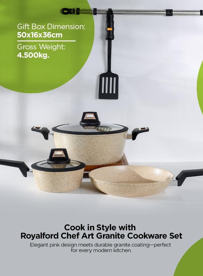 Royalford - 6-Piece Chef Art Granite Coated Cookware Set With Tempered Glass Lids Beige 26x11cm - Image 1