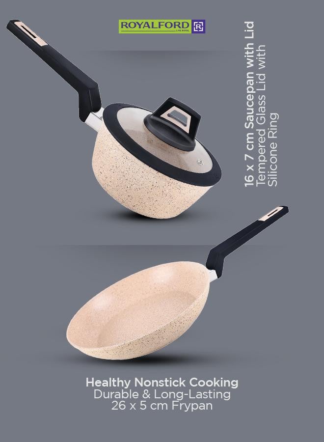 Royalford - 6-Piece Chef Art Granite Coated Cookware Set With Tempered Glass Lids Beige 26x11cm - Image 1
