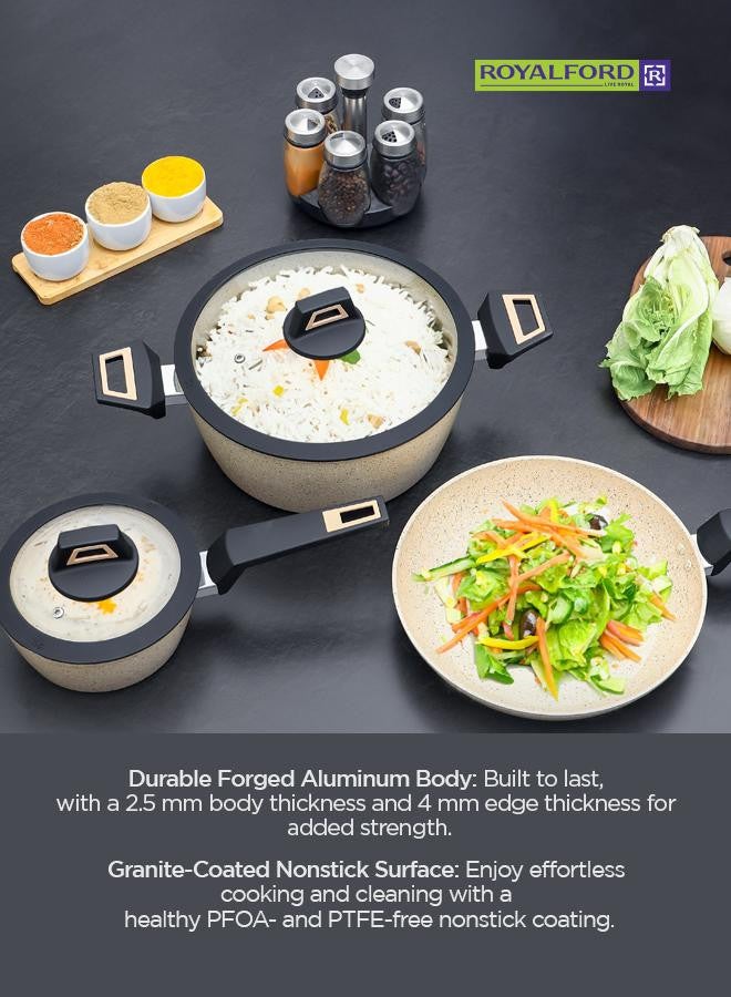Royalford - 6-Piece Chef Art Granite Coated Cookware Set With Tempered Glass Lids Beige 26x11cm - Image 1