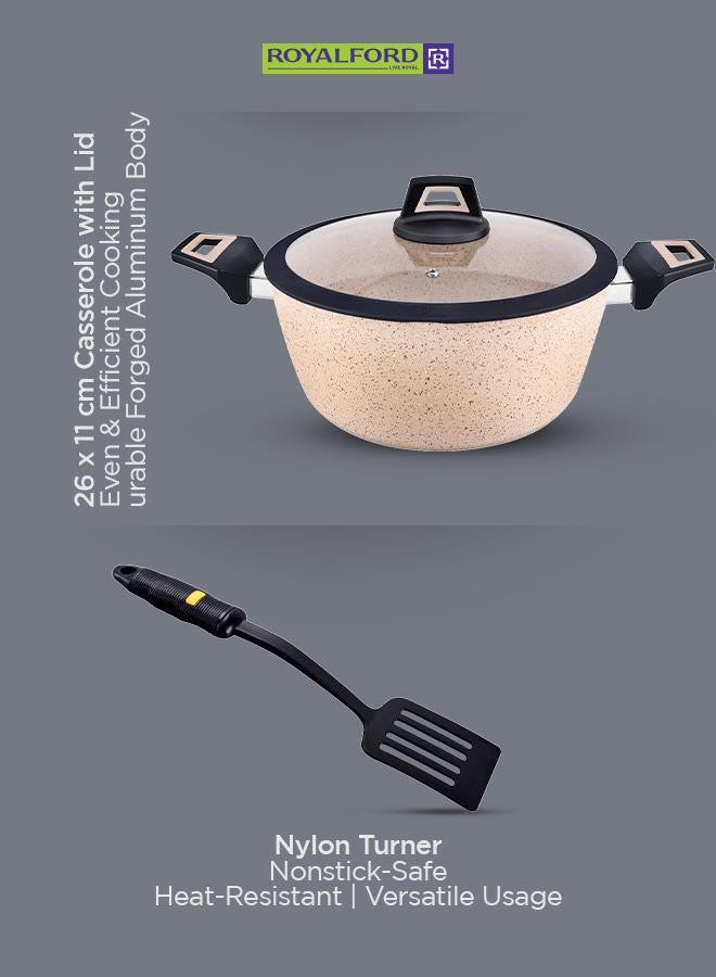 Royalford - 6-Piece Chef Art Granite Coated Cookware Set With Tempered Glass Lids Beige 26x11cm - Image 1