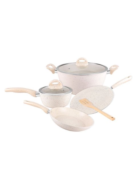 Royalford 7 piece  Granite Cookware Set| Forged Aluminum with Granite Coated Body| Induction Base, Soft Touch Handles and Tempered Glass Lid| Includes Casseroles, Sauce Pan, Tawa, Fry Pan and Turner Pink 26x11cm