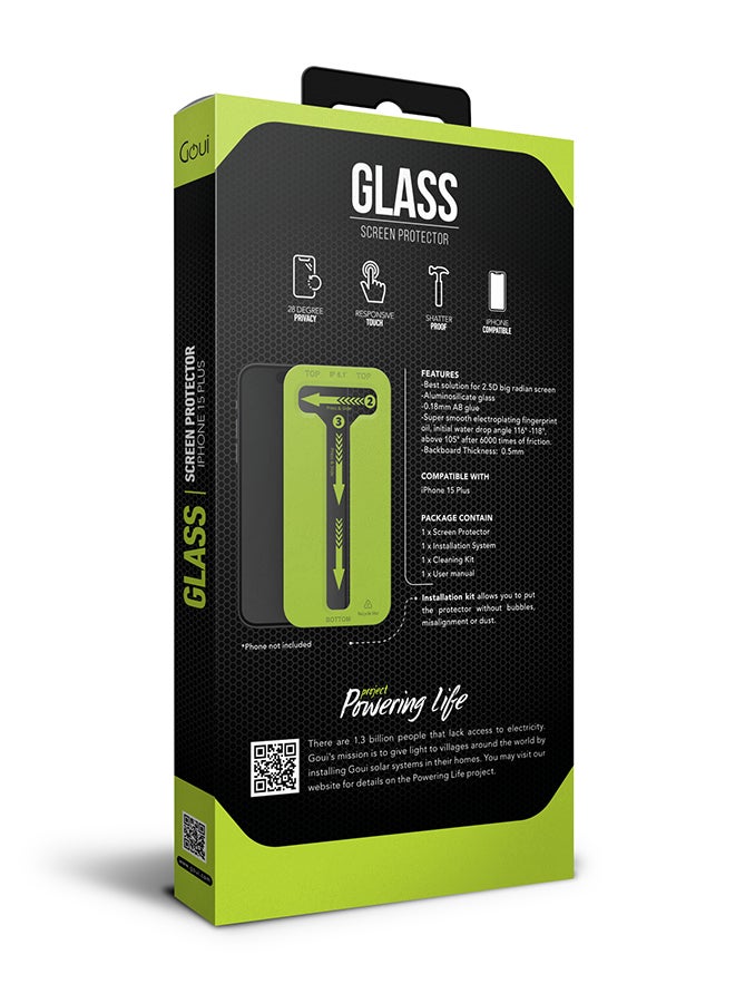 Goui - iPhone 15 Plus Privacy 28° Screen Protector – Anti-Spy Privacy Protection, Shatterproof Aluminosilicate Glass, Ultra-Smooth Electroplating, Responsive Touch, and Easy Installation Kit - Clear - Image 1