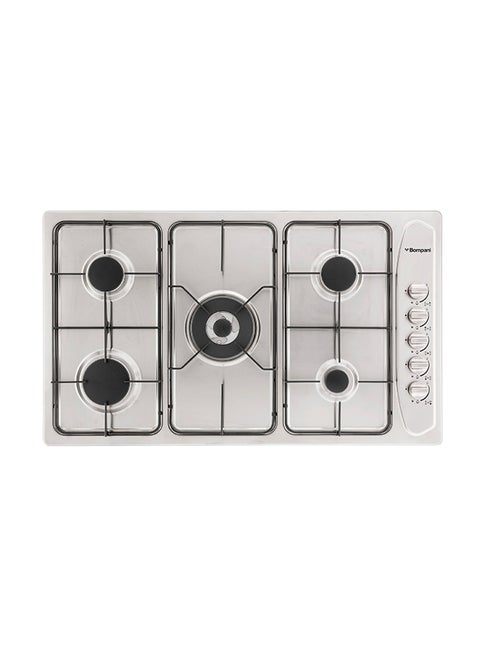 90Cm 5 Burner Stainless Steel Gas Hob - Auto Ignition, Safety Features, Elegant Design With Cast Iron Grids, Class Control Panel, And Flame Failure Device For Added Security- 1 Year Full Warranty BO293MV Silver