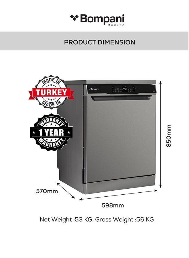 Bompani - 15-Place Setting Dishwasher - Premium Inox Finish, Turbo Fan, 8 Programs, Led Display, Overflow Protection, 4-Star Energy Rating, One-Year Warranty 1900 W BO5021ST Silver - Image 1