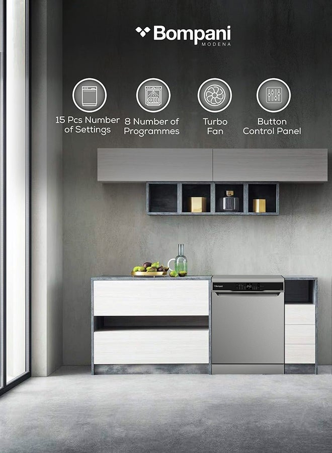 Bompani - 15-Place Setting Dishwasher - Premium Inox Finish, Turbo Fan, 8 Programs, Led Display, Overflow Protection, 4-Star Energy Rating, One-Year Warranty 1900 W BO5021ST Silver - Image 1