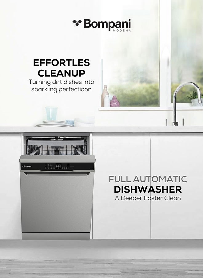 Bompani - 15-Place Setting Dishwasher - Premium Inox Finish, Turbo Fan, 8 Programs, Led Display, Overflow Protection, 4-Star Energy Rating, One-Year Warranty 1900 W BO5021ST Silver - Image 1