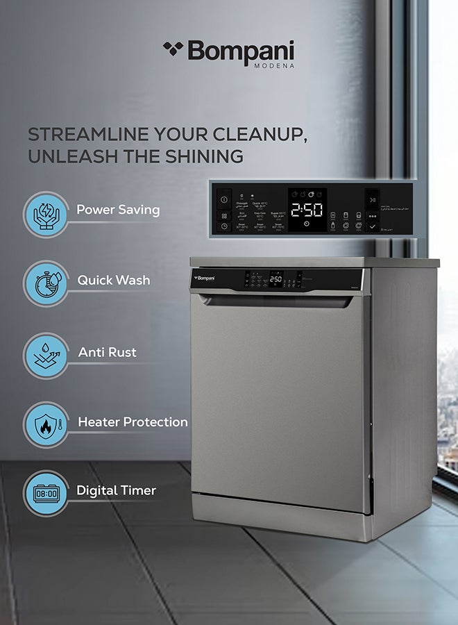 Bompani - 15-Place Setting Dishwasher - Premium Inox Finish, Turbo Fan, 8 Programs, Led Display, Overflow Protection, 4-Star Energy Rating, One-Year Warranty 1900 W BO5021ST Silver - Image 1