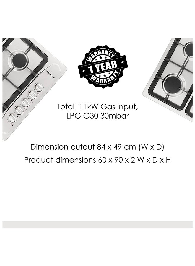 Bompani - 90Cm Gas Hob - Stainless Steel With Full Safety Features, Auto Ignition, 5 Gas Burners, Triple Ring Center, Classy Control Panel, Cast Iron Pan Supports, Flame Failure Device, 11Kw Gas Input, Lpg Compatible - 1 Year Full Warranty BO293GML Silver - Image 1