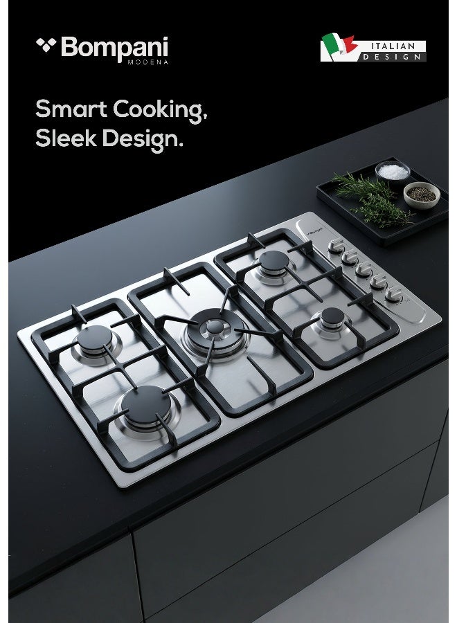 Bompani 90Cm Gas Hob - Stainless Steel With Full Safety Features, Auto Ignition, 5 Gas Burners, Triple Ring Center, Classy Control Panel, Cast Iron Pan Supports, Flame Failure Device, 11Kw Gas Input, Lpg Compatible - 1 Year Full Warranty BO293GML Silver - Image 1