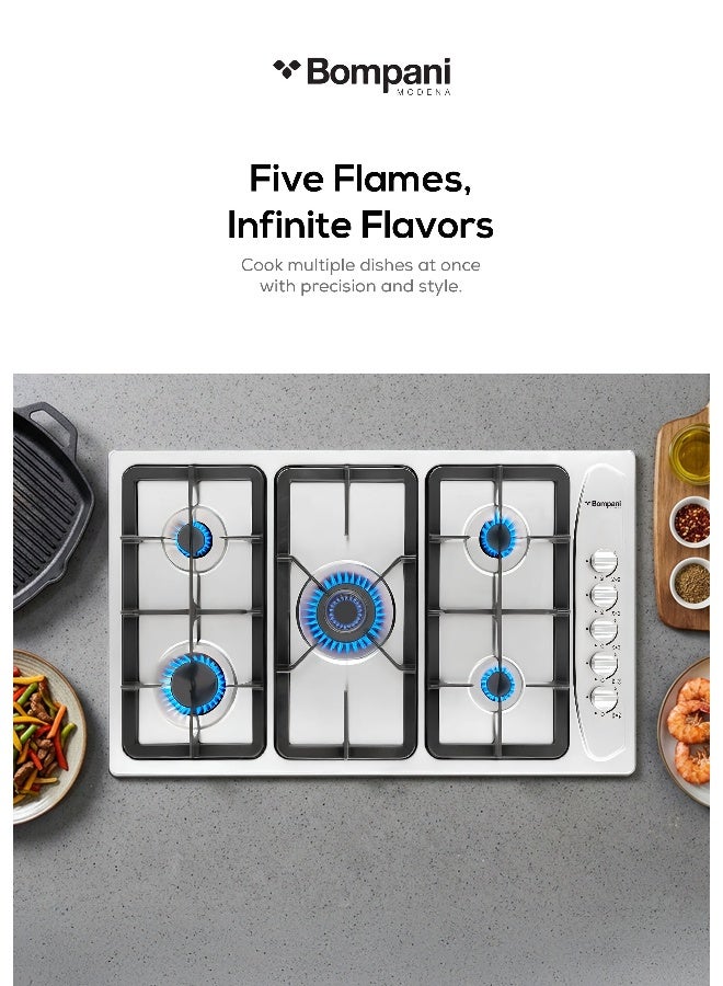 Bompani 90Cm Gas Hob - Stainless Steel With Full Safety Features, Auto Ignition, 5 Gas Burners, Triple Ring Center, Classy Control Panel, Cast Iron Pan Supports, Flame Failure Device, 11Kw Gas Input, Lpg Compatible - 1 Year Full Warranty BO293GML Silver - Image 2