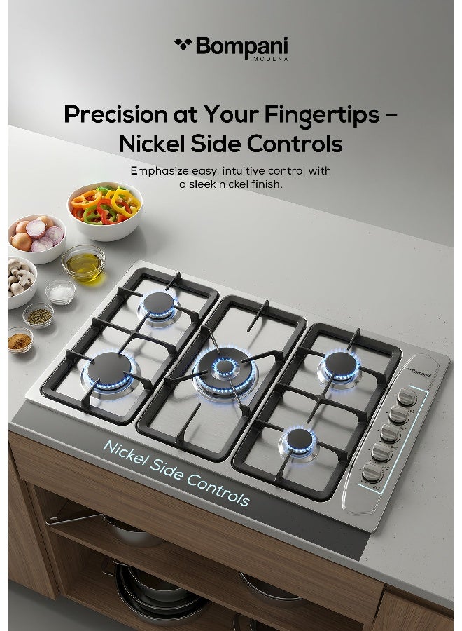 Bompani 90Cm Gas Hob - Stainless Steel With Full Safety Features, Auto Ignition, 5 Gas Burners, Triple Ring Center, Classy Control Panel, Cast Iron Pan Supports, Flame Failure Device, 11Kw Gas Input, Lpg Compatible - 1 Year Full Warranty BO293GML Silver - Image 3