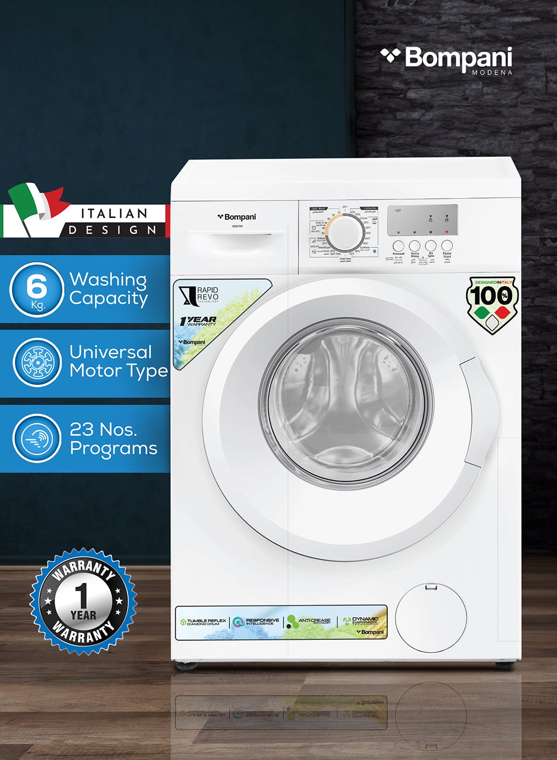 Bompani 6kg Front Load Washing Machine, 23 Programs, LED Display, Energy Efficient 66 kWh/Year, IPX4 Rated, Push Button & Knob Control, Low Water Consumption, Quiet Operation, Perfect for Small Spaces BI2876N White 