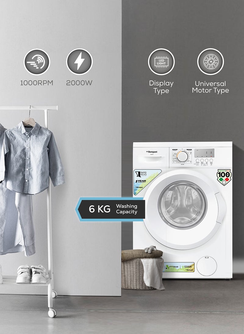 Bompani - 6kg Front Load Washing Machine, 23 Programs, Energy Efficient 66 kWh/Year, IPX4 Rated, Push Button & Knob Control, Low Water Consumption, Quiet Operation, Perfect for Small Spaces 6 kg BI2876N White - Image 1