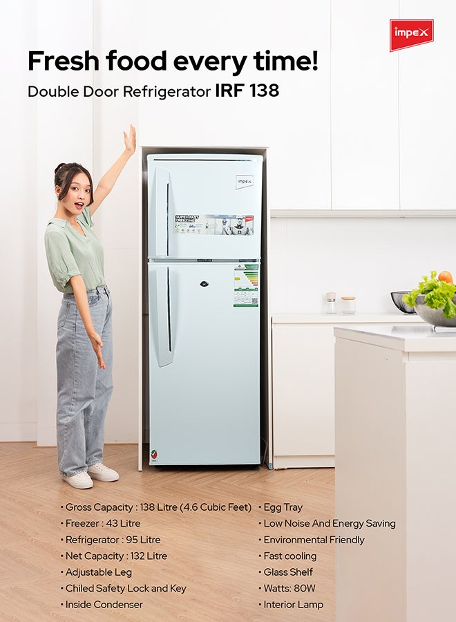 Impex - Double Door Refrigerator 138 Liter 4.6 Cu. Ft, Freezer, Adjustable Legs, Safety Lock, Low Noise, Energy Saving, Glass Shelf, Interior Lamp IRF 138 White - Image 1