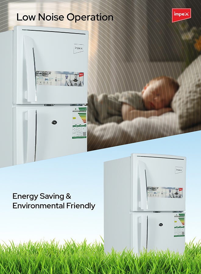 Impex - Double Door Refrigerator 138 Liter 4.6 Cu. Ft, Freezer, Adjustable Legs, Safety Lock, Low Noise, Energy Saving, Glass Shelf, Interior Lamp IRF 138 White - Image 1