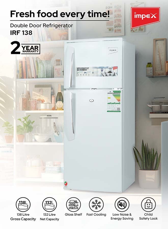 Impex - Double Door Refrigerator 138 Liter 4.6 Cu. Ft, Freezer, Adjustable Legs, Safety Lock, Low Noise, Energy Saving, Glass Shelf, Interior Lamp IRF 138 White - Image 1