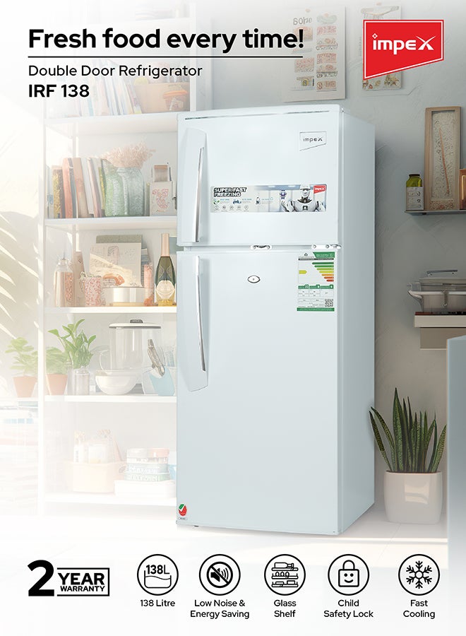 Double Door Refrigerator 138 Liter Fridge 4.6 Cu. Ft, Freezer, Adjustable Legs, Safety Lock, Low Noise, Energy Saving, Glass Shelf, Fast Cooling Interior Lamp IRF 138 White