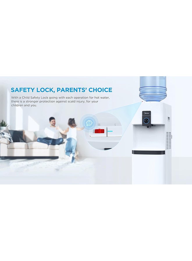 Midea - Top Loading Water Dispenser With Bottom Refrigerator, Hot Cold And Ambient Temperature, Cooler Fridge With Large Storage Space, Child Safety lock, Best For Home Kitchen Office And Pantry YL2037SB White - Image 1