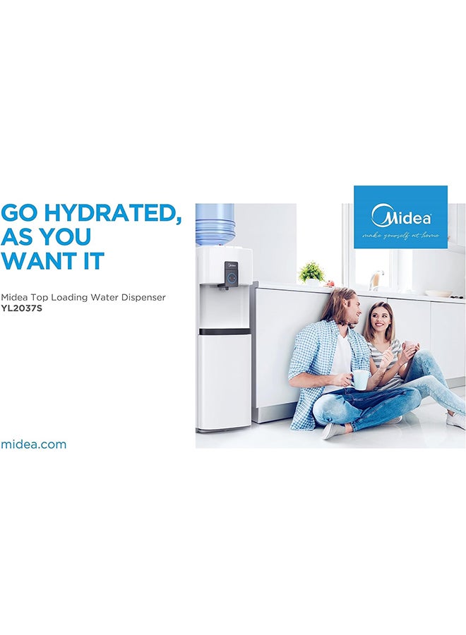 Midea - Top Loading Water Dispenser With Bottom Refrigerator, Hot Cold And Ambient Temperature, Cooler Fridge With Large Storage Space, Child Safety lock, Best For Home Kitchen Office And Pantry YL2037SB White - Image 1
