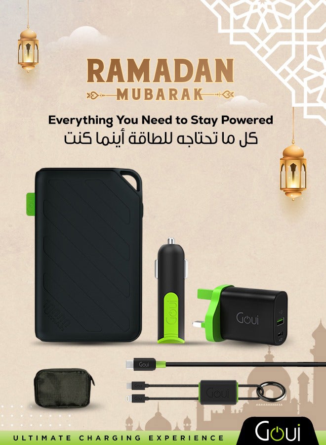 Goui Ramadan Offer - Pack of 10,000 mAh Brave Power Bank, Mini PD 20W Type C and USB Dual Port Wall Charger, Viper Dual USB + Micro Cable, Compact for Travel Car Charger, Cables and Soft Bag Package – Ultimate Mobile Charging Solution for On-the-Go Convenience, Fast Charging, and Seamless Organization Black - Image 1
