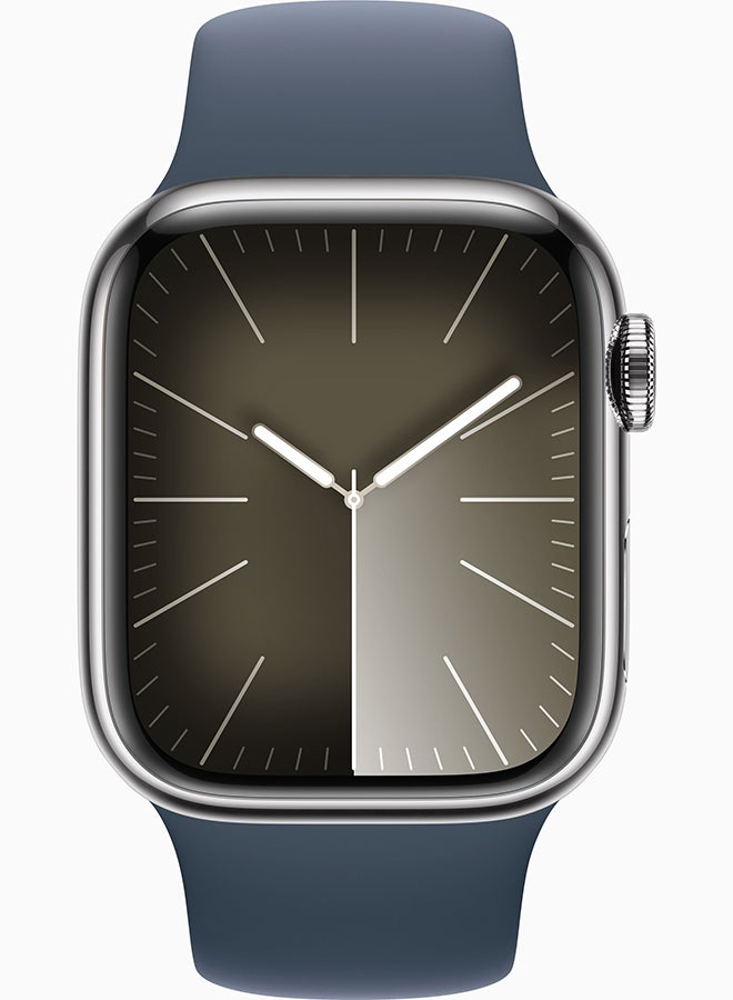 Apple - Watch Series 9 GPS + Cellular 45mm Silver Stainless Steel Case With Storm Blue Sport Band - Image 1