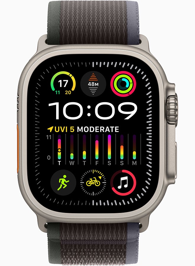 ابل  ساعة Ultra 2 GPS + Cellular، هيكل من التيتانيوم مقاس 49 مم مع مقاس S/M (الحزام يناسب معصم مقاس 130-180 مم) حلقة Trail Loop باللون الأزرق/الأسود - Image 2