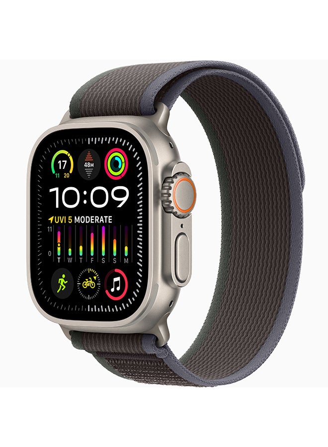 ابل  ساعة Ultra 2 GPS + Cellular، هيكل من التيتانيوم مقاس 49 مم مع مقاس S/M (الحزام يناسب معصم مقاس 130-180 مم) حلقة Trail Loop باللون الأزرق/الأسود - Image 1