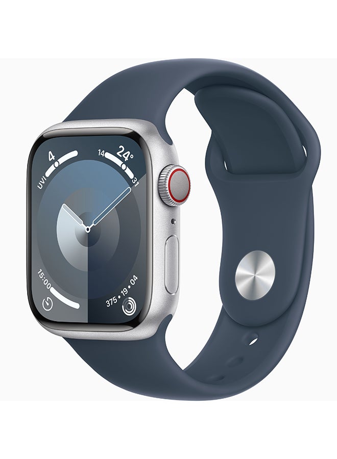 Apple - Watch Series 9 GPS + Cellular 41mm Silver Aluminium Case With Storm Blue Sport Band - Image 1
