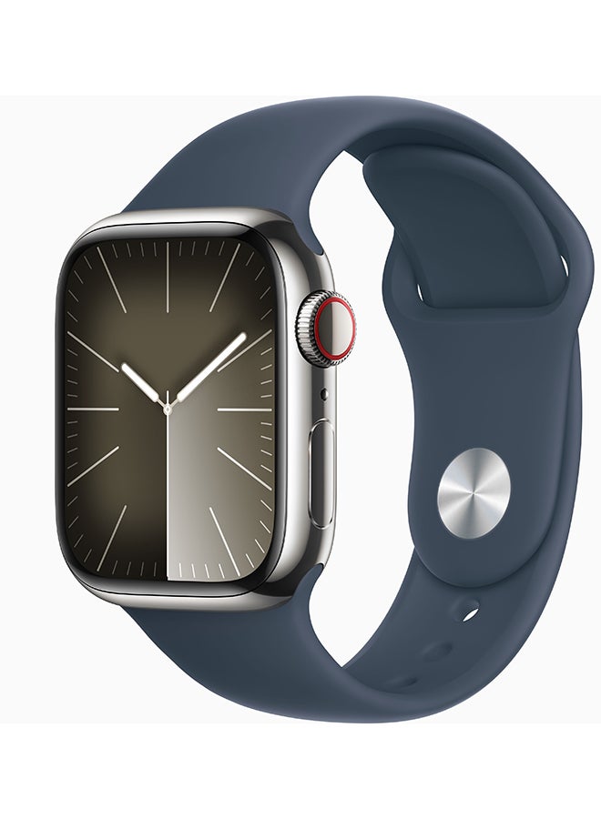 Apple - Watch Series 9 GPS + Cellular 41mm Silver Stainless Steel Case With Storm Blue Sport Band - Image 1