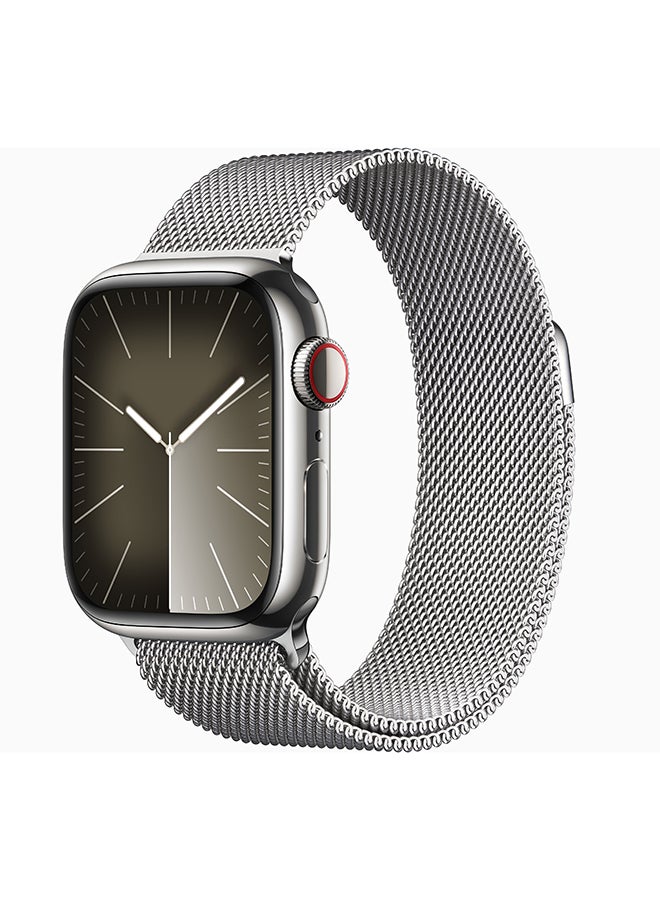 Apple - Watch Series 9 GPS + Cellular 45mm Silver Stainless Steel Case With Silver Milanese Loop - Image 1