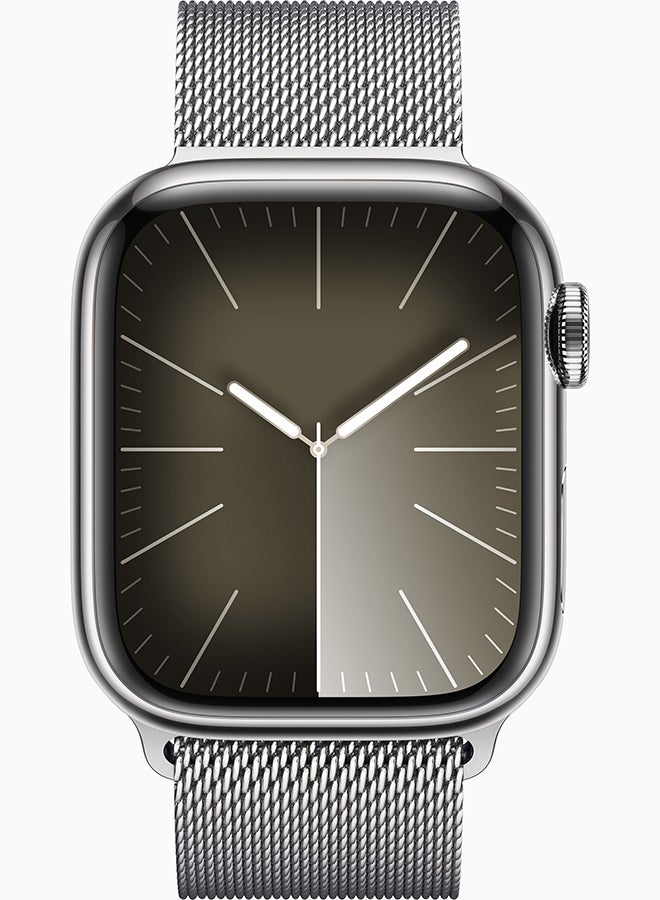 Apple - Watch Series 9 GPS + Cellular 45mm Silver Stainless Steel Case With Silver Milanese Loop - Image 1