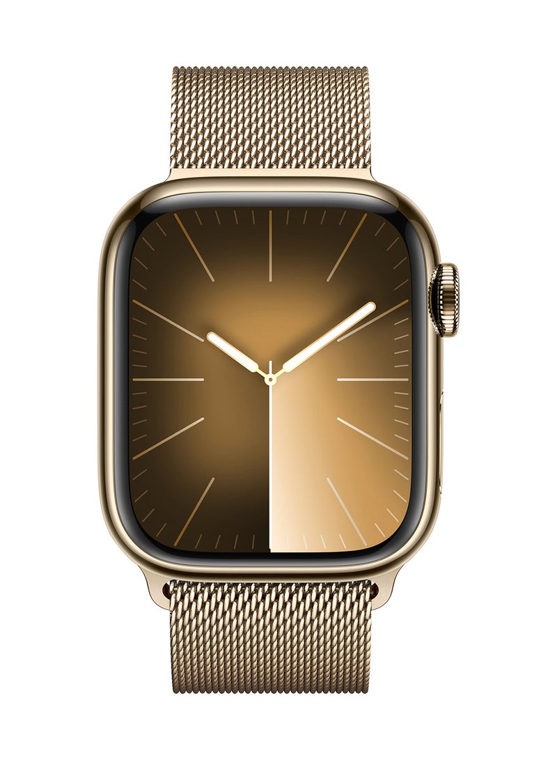 Apple - Watch Series 9 GPS + Cellular 45mm Gold Stainless Steel Case With Gold Milanese Loop - Image 1