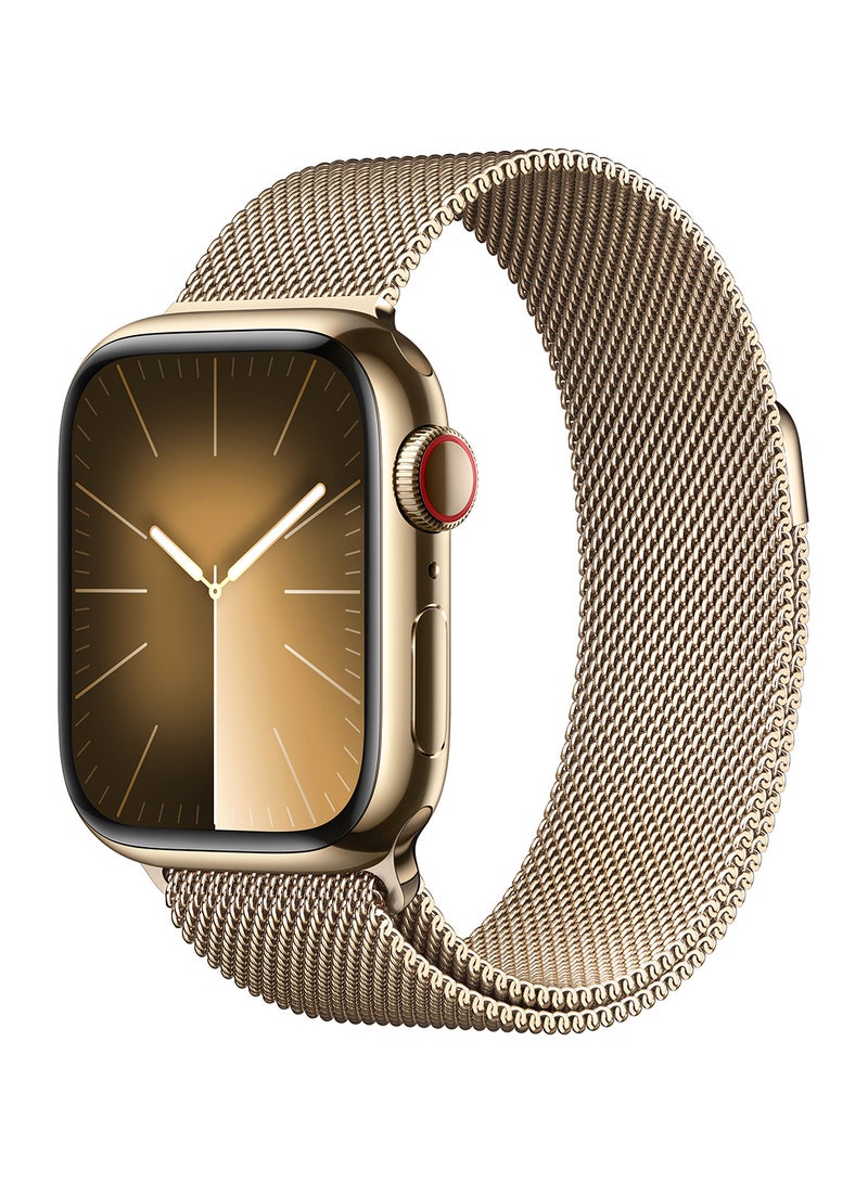 Apple - Watch Series 9 GPS + Cellular 45mm Gold Stainless Steel Case With Gold Milanese Loop - Image 1