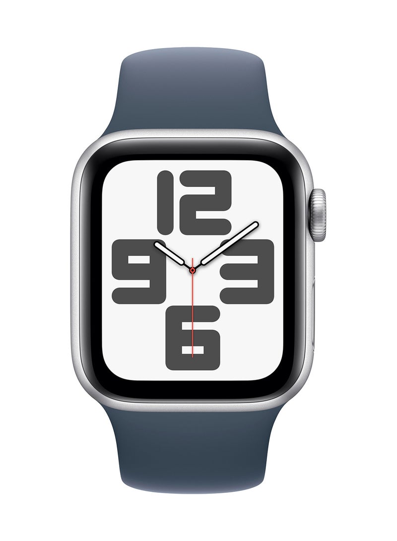 Apple - Watch SE (2023) GPS 44mm Silver Aluminium Case With Storm Blue Sport Band - Image 1