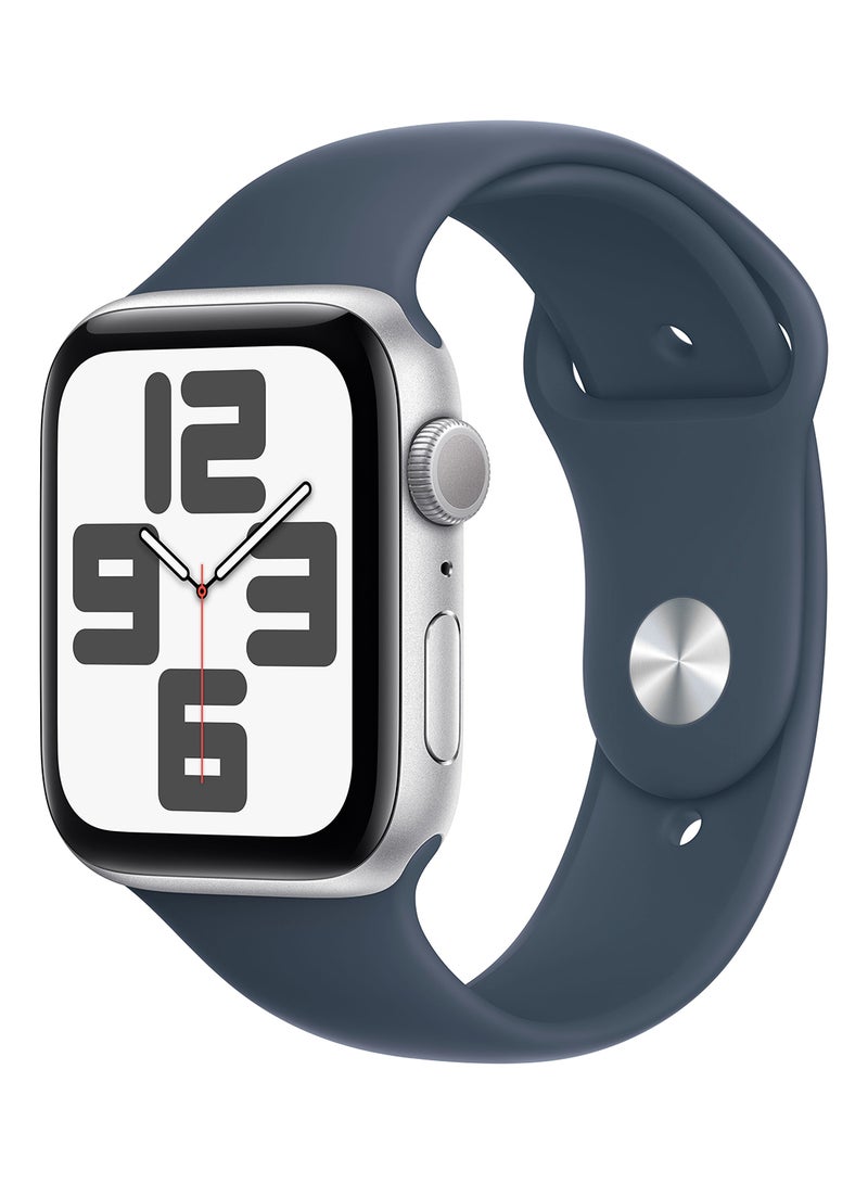 Apple - Watch SE (2023) GPS 44mm Silver Aluminium Case With Storm Blue Sport Band - Image 1