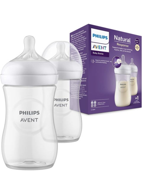 Natural Baby Bottle With Natural Response, Clear, 260ml, 1m+, 2 Pieces