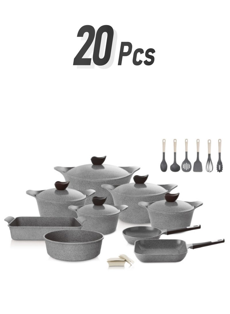 20 Piece Cookware Set Aeni Granite Grey 28.0cm