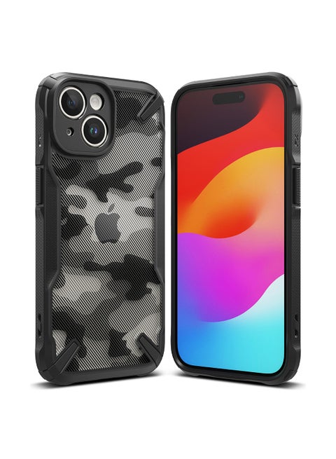 Fusion-X Compatible With iPhone 15 Case Military Hard Soft Flexible TPU Bumper Scratch Resistant Shockproof Protection Back Cover Camo Black